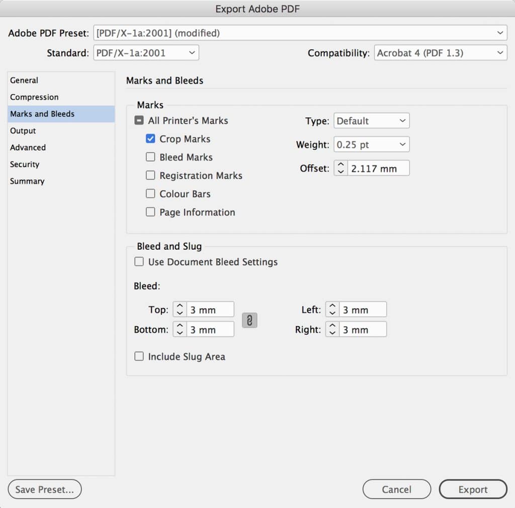 Export PDF with crop marks and 3mm bleed